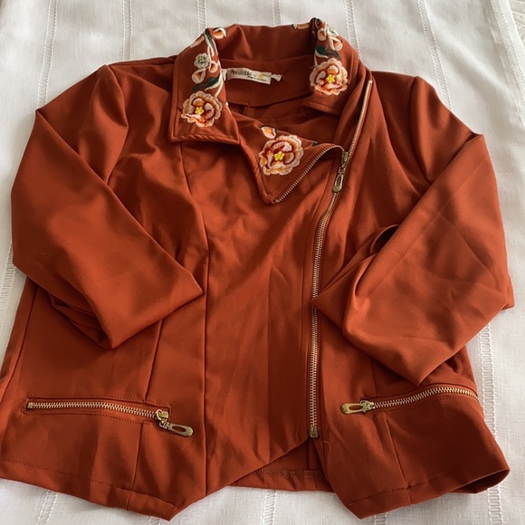 Embroidered Jacket with Asymmetrical Zipper - Picture 2 of 9